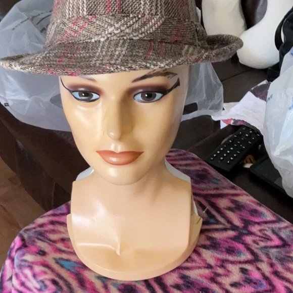 Pink and Brown Fedora Hat with Plaid Pattern - Picture 2 of 5